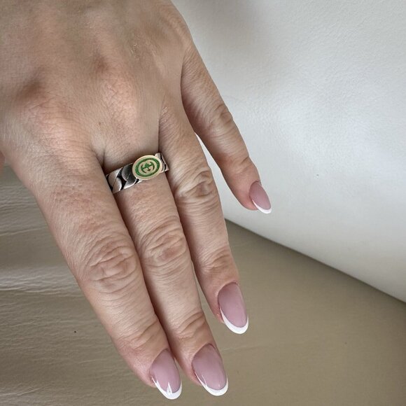 NEW GUCCI INTERLOCKING RING SILVER GG LOGO GREEN Chain Sz 17 IT 8 US Enamel - Picture 5 of 8